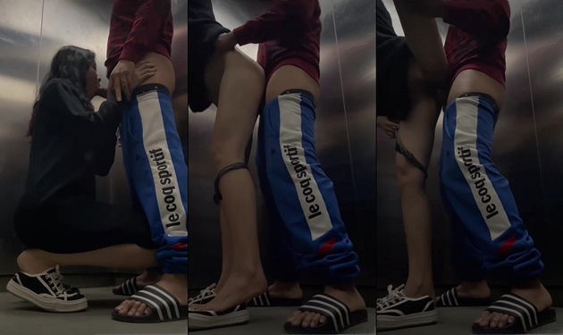 Trong thang máy bé sinh viên tụt quần bú cu còn bắt anh kéo váy vét máng chịch luôn